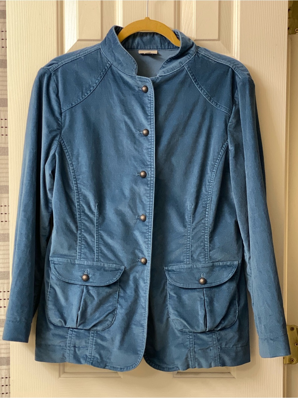 J Jill Velvet Stand-Collar Button Up Long Sleeve Teal Green Blue Jacket Size 12P